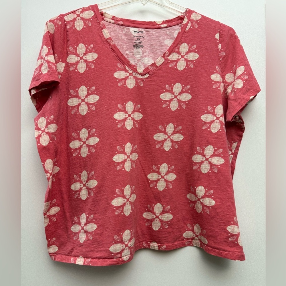 Sonoma Pink Floral V‑Neck Short Sleeve Tee | 1X